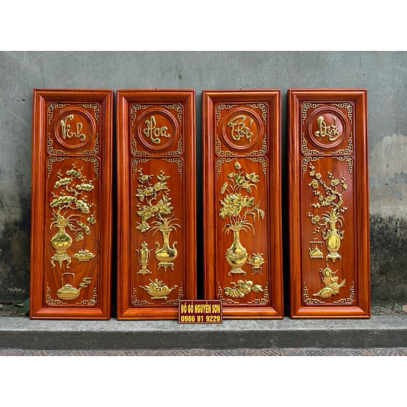 Tranh tứ bình gỗ hương đỏ
