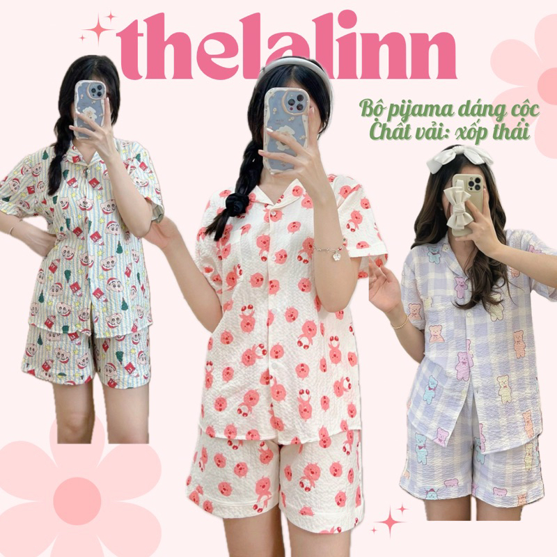 Pijama xốp thái mềm mại cổ vest hoạ tiết xinh xắn. Bộ ngủ nữ pyjama đáng yêu