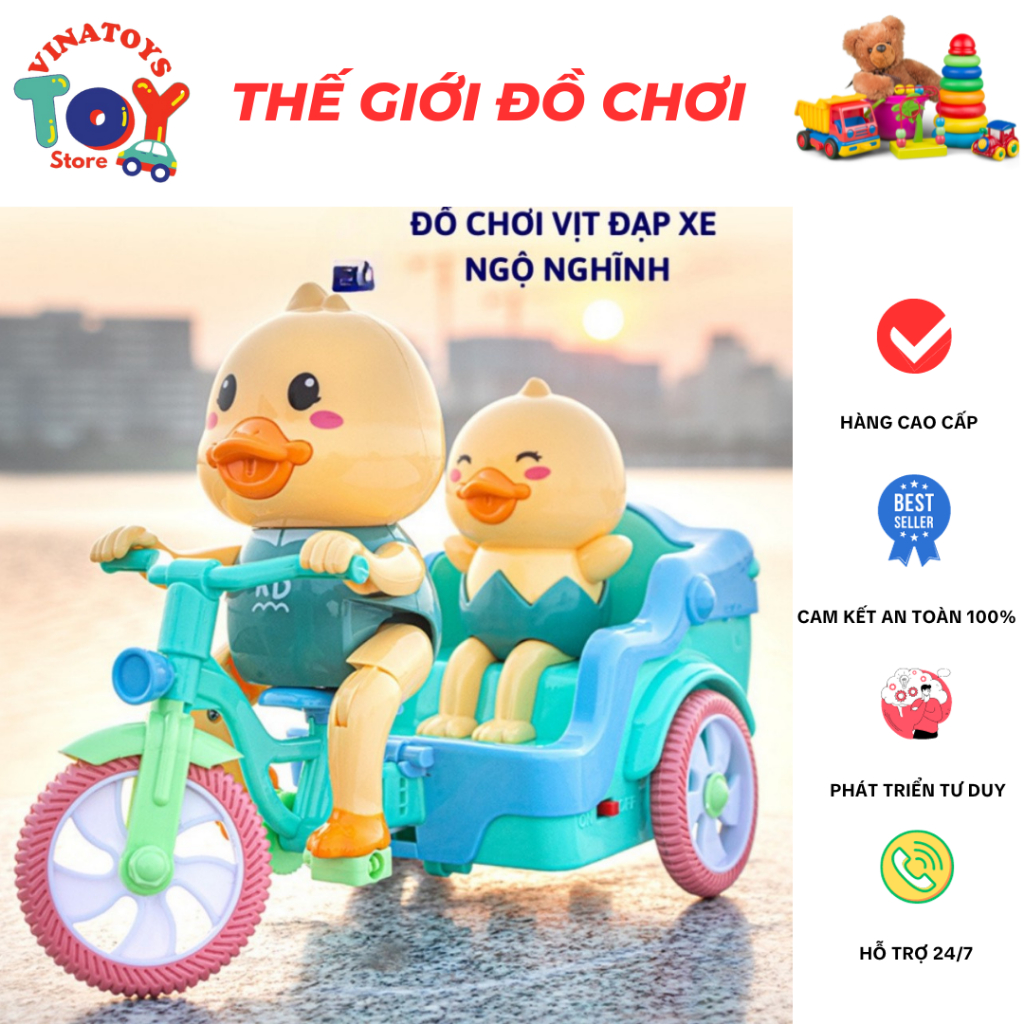 Đồ Chơi Vịt Vàng Đạp Xe VINATOYS, Có Nhạc Vui Nhộn Bánh Xe Phát Đèn Sáng, Nhựa An Toàn Cho Bé (Sử Dụng Pin)
