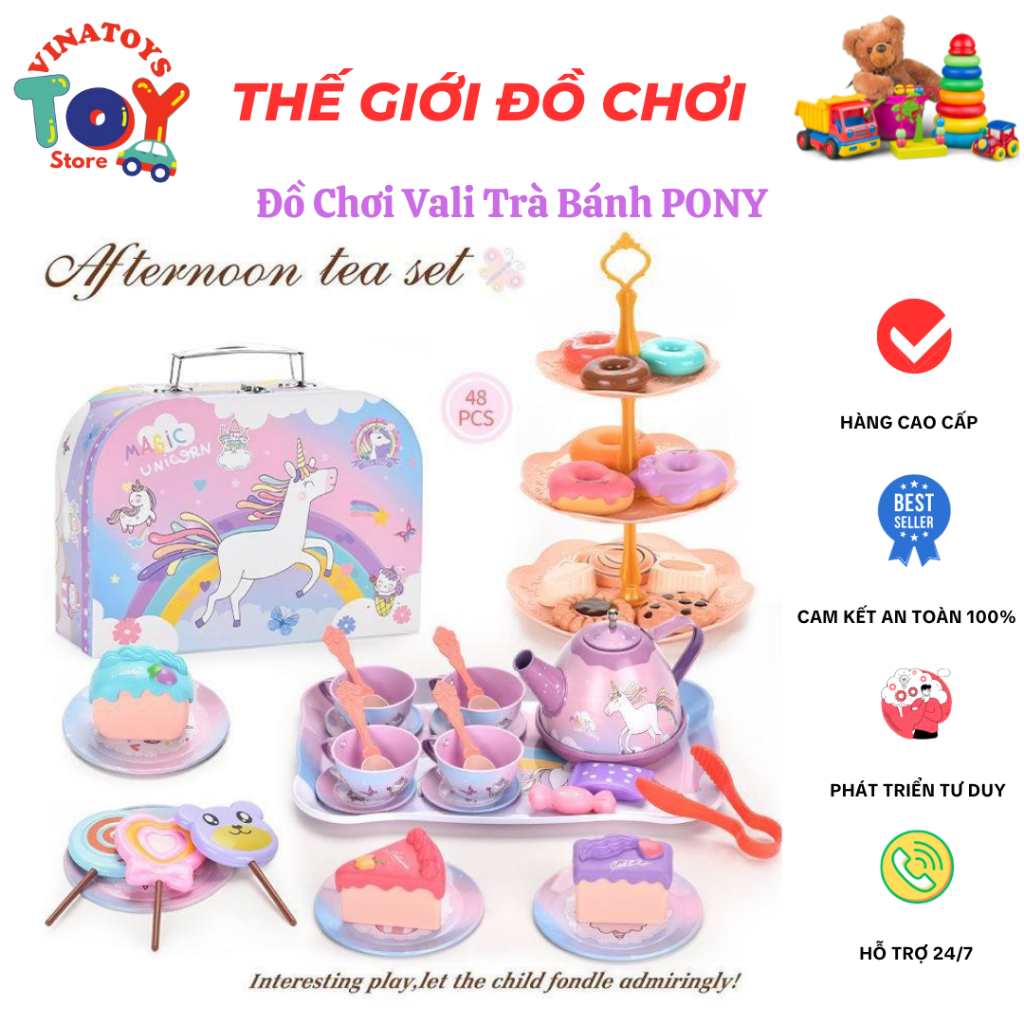 Đồ Chơi Vali Trà Bánh PONY VINATOYS, Có Ấm Chén Tháp Bánh Bằng Nhôm Cao Cấp, 48 Chi Tiết An Toàn Cho Bé
