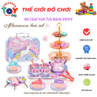 Đồ Chơi Vali Trà Bánh PONY VINATOYS, Có Ấm Chén Tháp Bánh Bằng Nhôm Cao Cấp, 48 Chi Tiết An Toàn Cho Bé