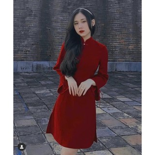 ĐẦM NHUNG CỔ TÀU PHỐI NÚT CÀI TAY DÀI LOE NHẸ TONE MÀU ĐỎ CỰC SANG TRỌNG, PHONG CÁCH TRUNG HOA