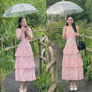 [SHOPPUMI] Set đầm 2s hoa hồng tầng nhún ngực kèm khoác lưới croptop freesize Pumi 15420