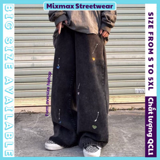 [SẴN HỎA TỐC-BIG SIZE+ẢNH THẬT] HEARTFALL - Quần bò jeans ống rộng oversize thêu hình trái tim form rộng Nhật Bản hiphop