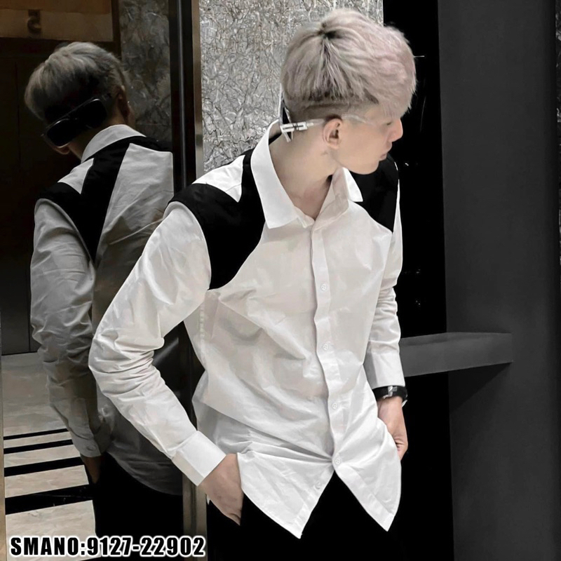 Áo Sơ Mi Dài Tay Phối Vạt Vai Đen phong cách Hàn Quốc cực đẹp, form slim fit lên dáng cực chất