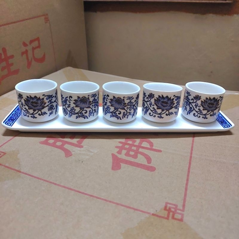 Bộ chung nước 5 ly thờ cúng họa tiết hoa sen xanh cao cấp