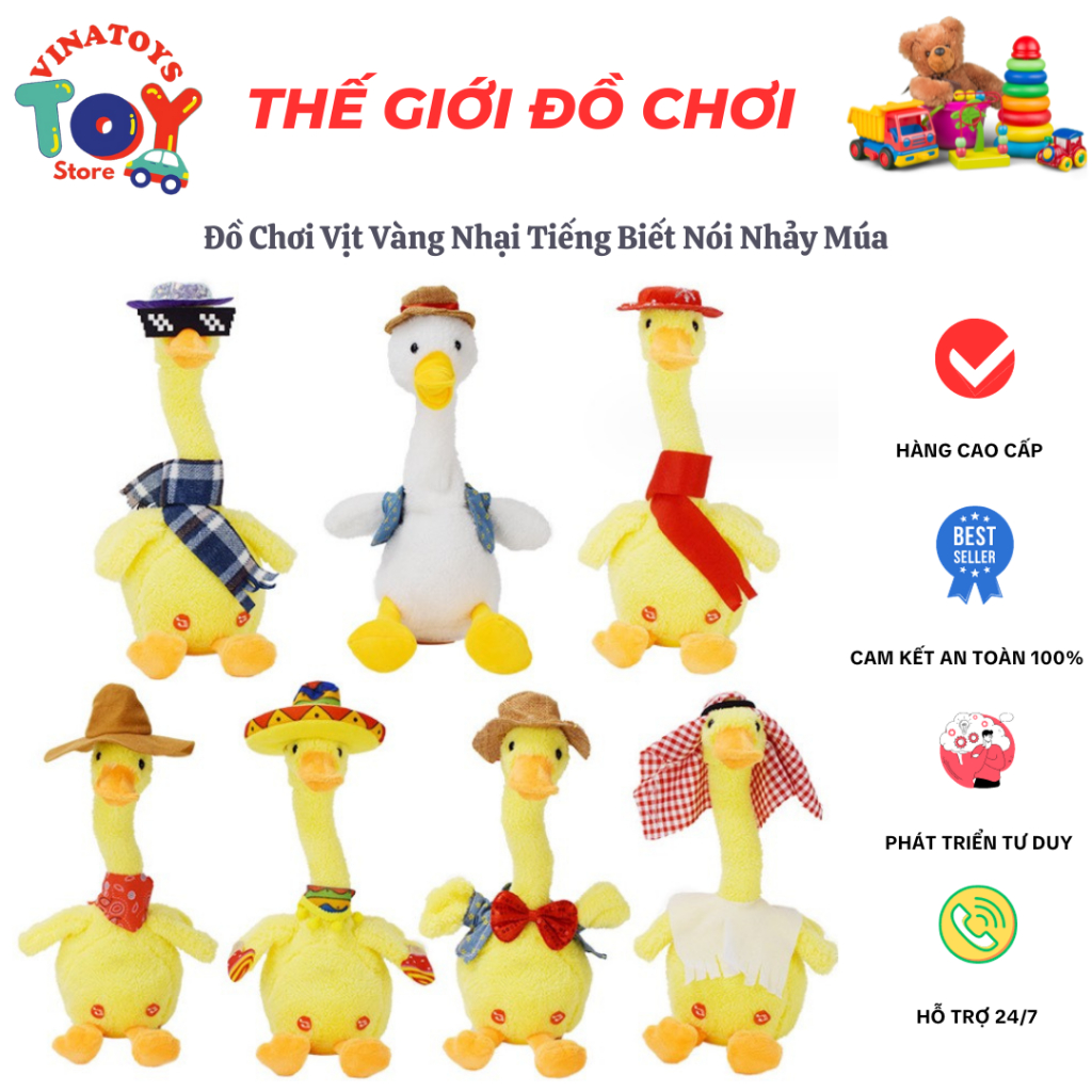 Đồ Chơi Vịt Nhại Giọng Biết Nói Và Nhảy Múa Lắc Lư VINATOYS, Có Nhiều Bài Hát Và Đèn Vui Nhộn, Sử Dụng Pin Sạc Đi Kèm
