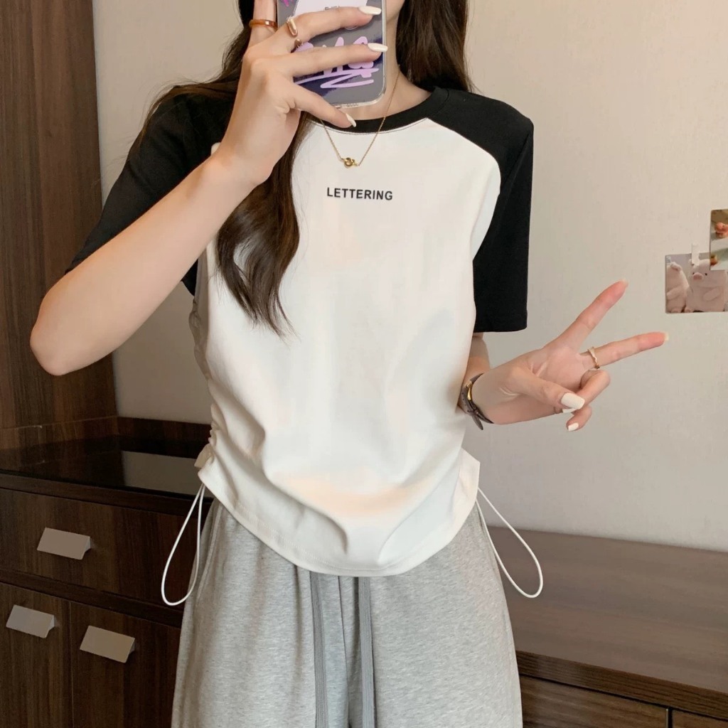 Áo phông croptop,áo thun babytee ngắn tay có dây rút hai bên Lettering chất cotton dành cho nữ dễ mặc năng động | BigBuy360 - bigbuy360.vn