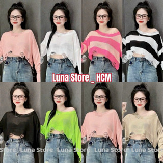 Áo len nữ dệt kim mỏng nhẹ form dáng croptop phối rách kẻ sọc phong cách cá tính - Tiệm đồ nhà Lotus