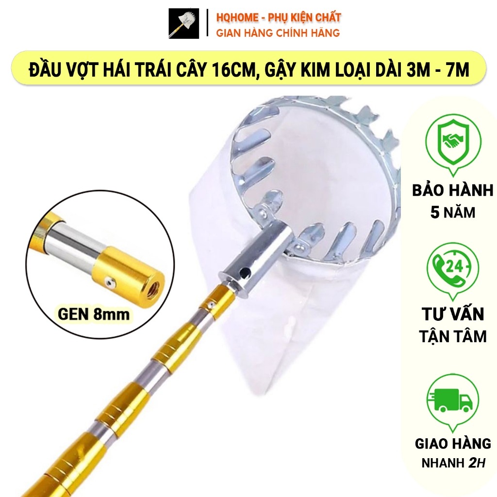 Dụng Cụ Gậy Sào Vợt Hái Trái Cây Trên Cao Kim Loại Chống Gỉ Cao Cấp Dài 3,4,5,6,7,8,9 Mét Rút Gọn Tiện Lợi Lấy Quả