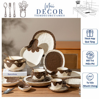Bộ bát đĩa gốm sứ họa tiết socola chảy -Meii.decor