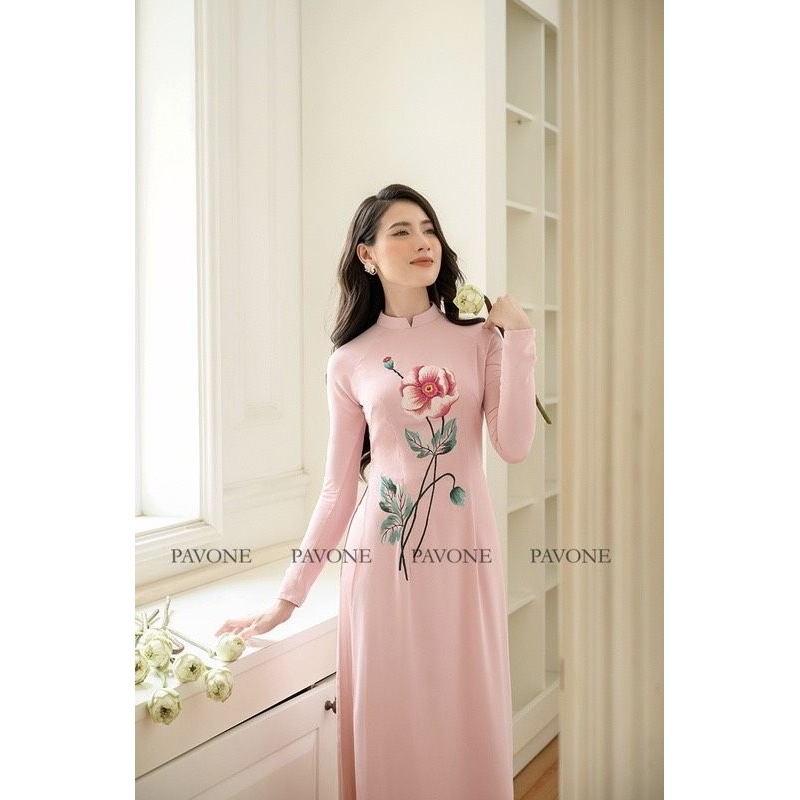 ÁO DÀI LỤA TÂY THI MÀU HỒNG PHẦN THÊU HOA