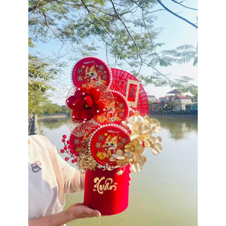 set phụ kiện tháp bánh trụ nhung decor tết 2024