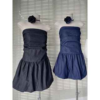 Đầm denim cúp ngực kèm hoa (ảnh thật/ có sẵn)