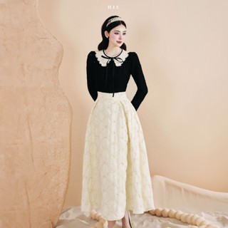  Chân váy nữ dạ tweed ánh nhũ vân nơ dáng dài midi Jine Skirt H.I.U Fashion  thiết kế bồng bềnh tôn dáng HIU design 