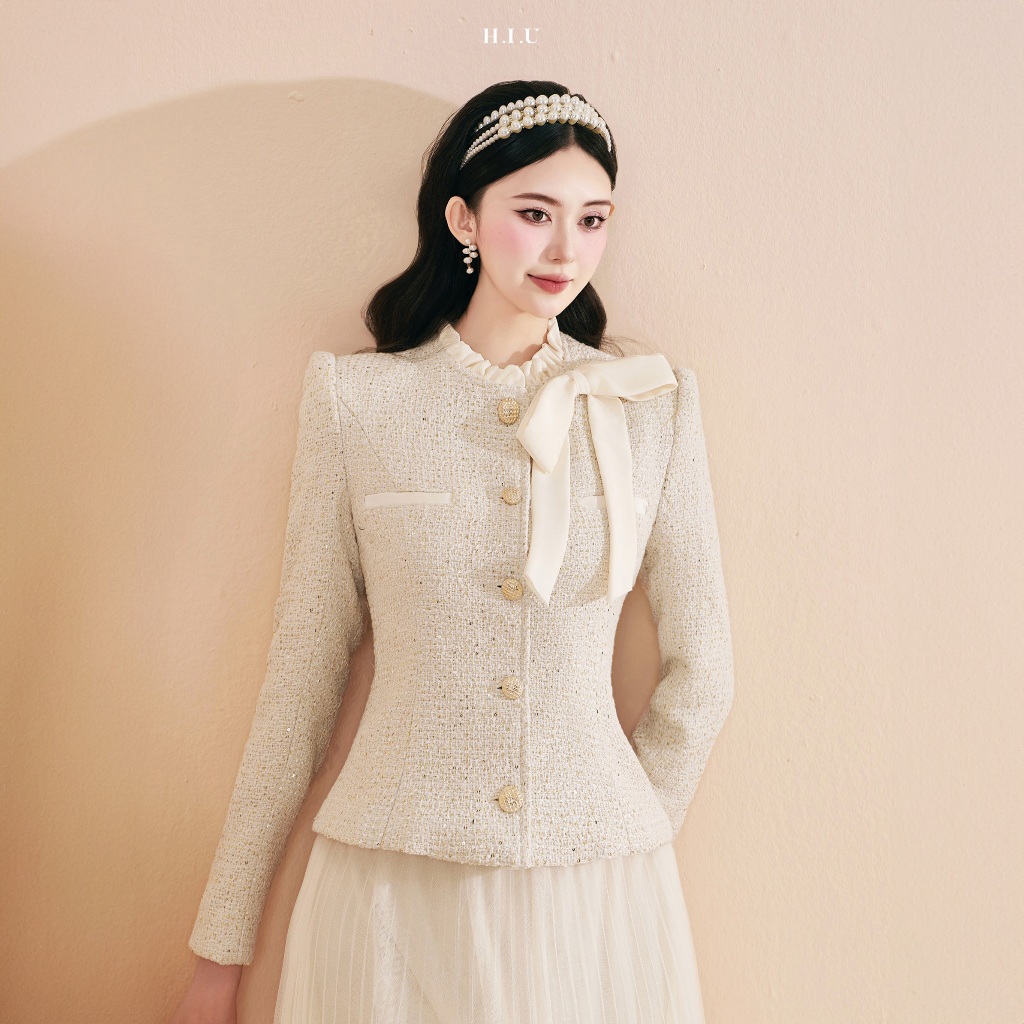 Áo dạ tweet nữ thiết kế dệt kim ánh nhũ Unie Top H.I.U Fashion , thiết kế cách điệu thanh lịch phối nơ HIU design