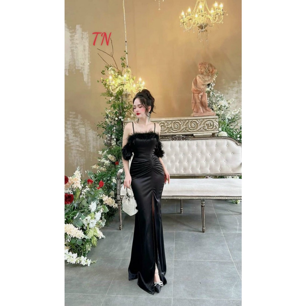 Đầm phi lụa phối lông