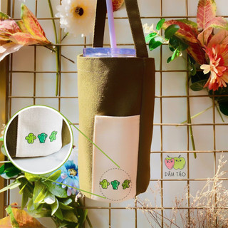 Túi đựng bình giữ nhiệt màu xanh rêu hình xương rồng Mệnh MỘC, túi vải canvas đựng ly giữ nhiệt size 700ml 450ml 500ml