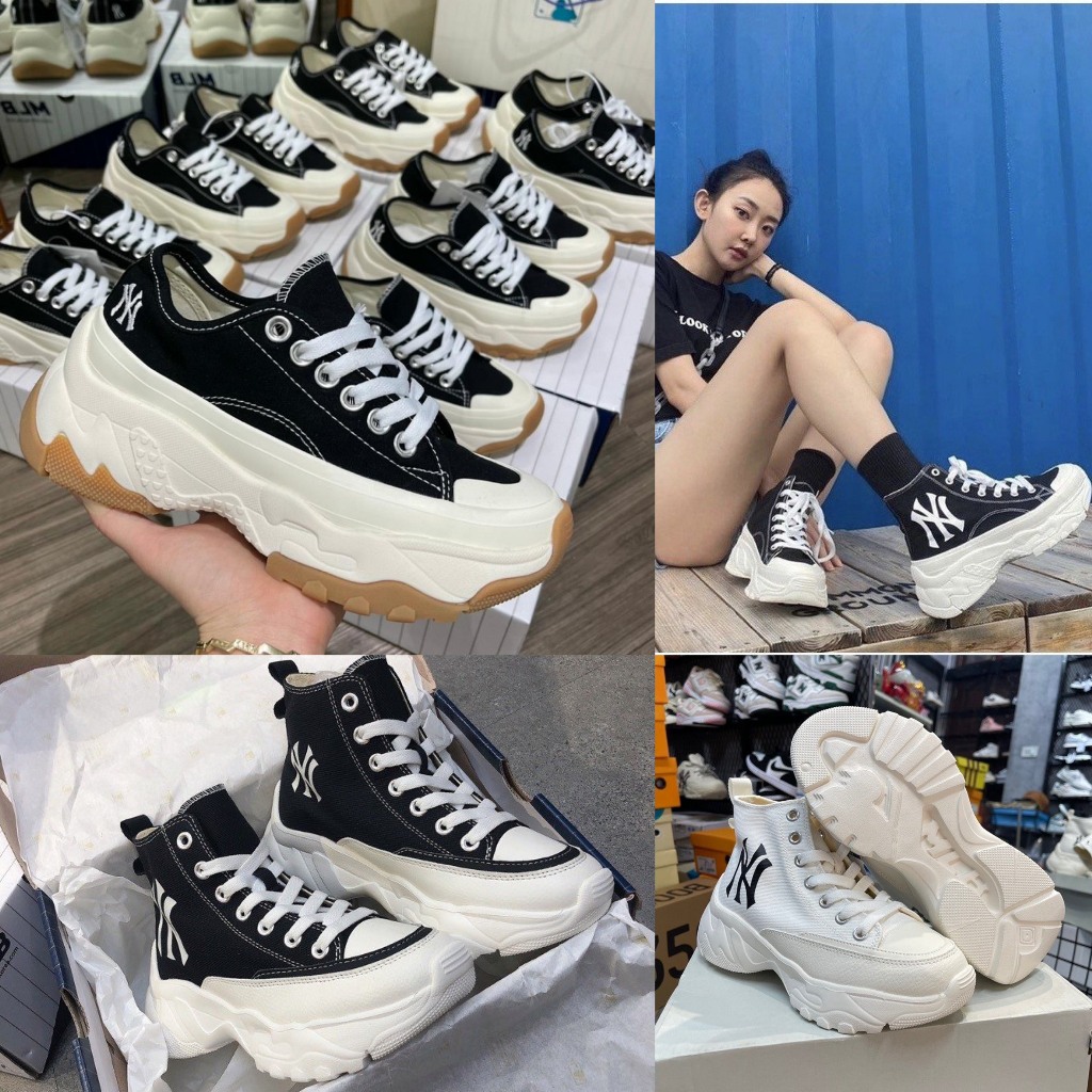 Giày Độn Đế MLB Chunky vải High NY cổ thấp Black White 1:1 Nam Nữ - Giày thể thao Đế Cao nâu Trắng hot trend