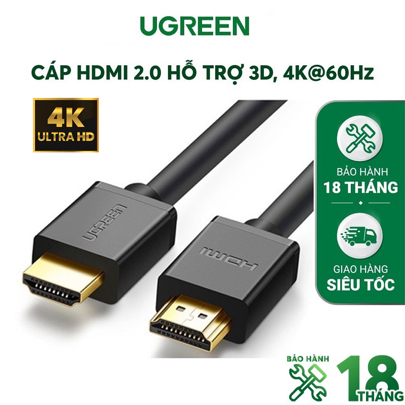 Cáp HDMI 4K UGREEN chuẩn 2.0 1.5m 3m 5m HD104 hỗ trợ 4K 3D, full HD 1080p - Hàng Chính Hãng
