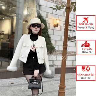 áo dạ lông thỏ nữ tay lông dáng ngắn cúc đồng 2 lớp cao cấp tiểu thư mùa đông hàn quốc yolo fashion