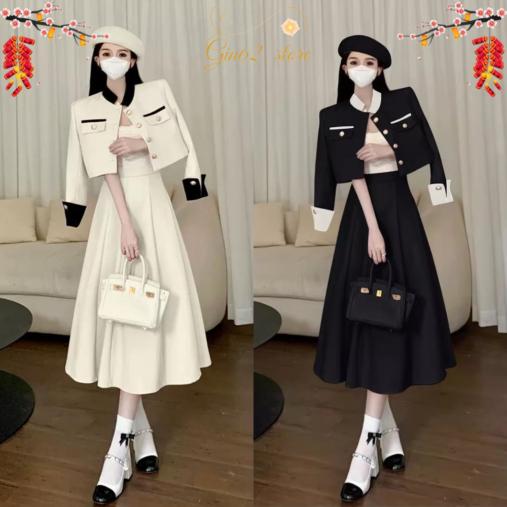 Set dạ tweed - Set đồ nữ dáng dài mix giữa áo croptop với chân váy chữ A phong cách thanh lịch gin62.store