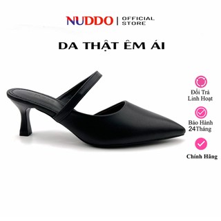 Dép Sục Nữ Cao Gót Mũi Nhọn Da Thật 5cm, Giày Nữ Đế Nhọn Phối Quai Tiện Dụng NUDDO N526s