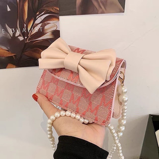 Túi đeo chéo vải phối da mini chữ m đính nơ phối dây đeo chéo ngọc siêu xinh