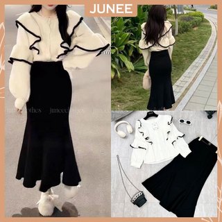  Set Bộ Đồ Nữ Áo Tay Bèo Dài Tay Viền Ren Cúc Cài Chất Len Tăm Mix Chân Váy Đuôi Cá Dáng Dài Freesize B401022 
