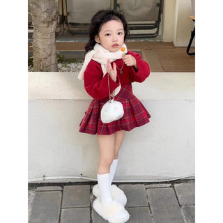 Váy bé gái, set váy thu đông áo len kèm chân váy dạ xếp pli cho bé 10-30kg