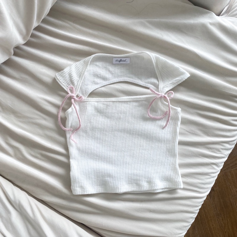 Áo ống có tay cổ vuông thun len Naomi Top kèm hai dây nơ len hồng