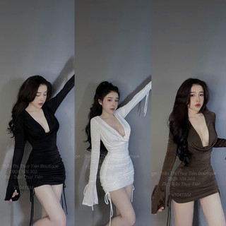 ĐẦM BODY TAY DÀI CỔ ĐỔ NHÚN HỒNG DÂY RÚT SEXY