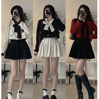 Set áo blazer tay ngắn croptop kèm chân váy xếp ly ngắn, Set đồ nữ áo vest cộc tay kèm chân váy xếp ly dây thắt eo
