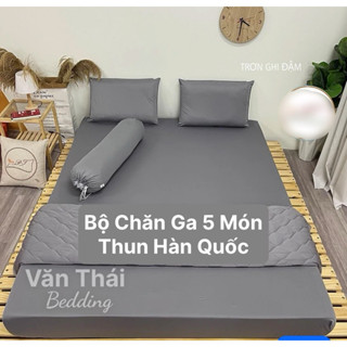 Bộ 5 Món nệm 3-25cm Chăn Ga Gối Thun lạnh Hàn Quốc màu trơn co giãn 4 chiều [Mát -Bền Văn Thái Bedding