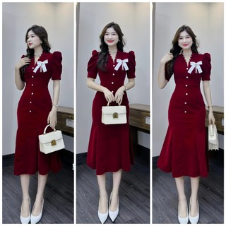 Đầm nhung đuôi cá đính nơ tay lững