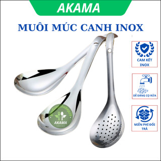 Muôi múc canh, muỗng inox không gỉ sáng bóng, lòng sâu, cán cong