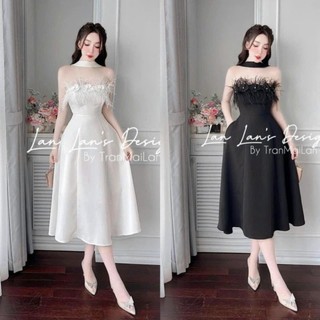 Váy nữ thời Trang đi dự tiệc chất Tapta trễ vai cúp ngực dáng váy xoè đính hoa choàng cổ sang chảnh.