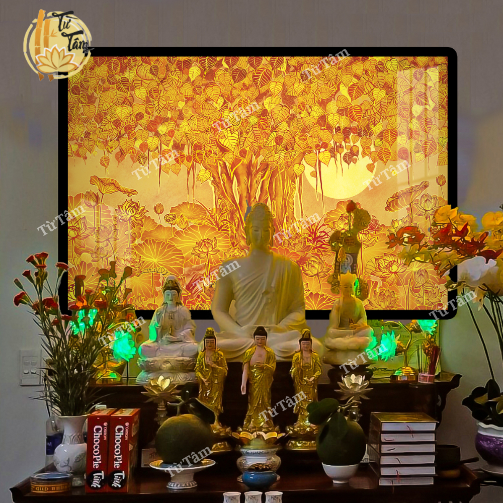 Tranh Trúc Chỉ Cội Bồ Đề In Mica Tráng Gương Ngang Hào Quang LED Tranh Đèn Hào Quang TỪ TÂM Trang Trí Bàn Thờ Cùng Tượn