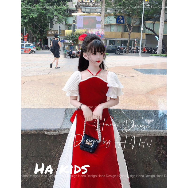 Áo dài Nhung tay pha ren bé gái 9-20kg