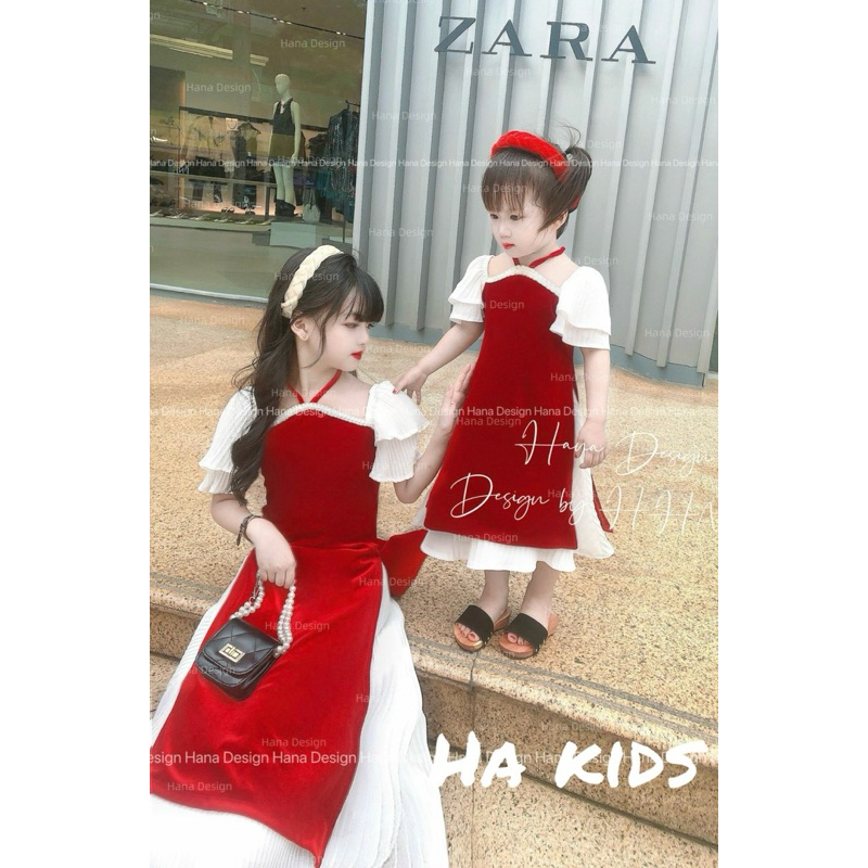 Áo dài Nhung tay pha ren bé gái 9-20kg