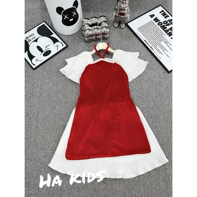 Áo dài Nhung tay pha ren bé gái 9-20kg