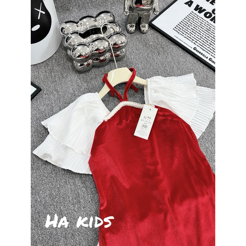 Áo dài Nhung tay pha ren bé gái 9-20kg