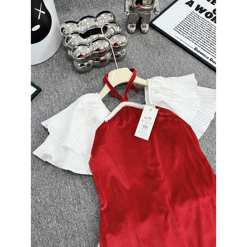 Áo dài Nhung tay pha ren bé gái 9-20kg