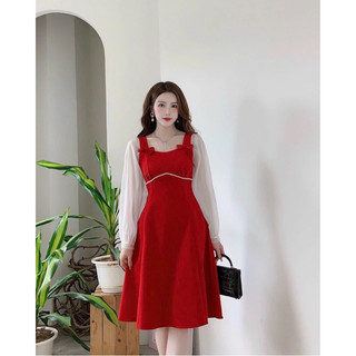 đầm đỏ nơ vai