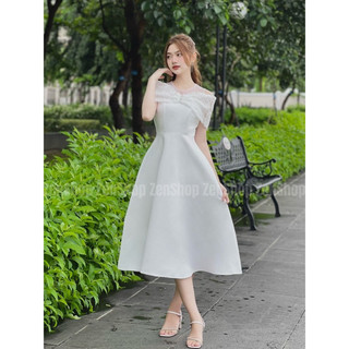 Đầm trắng lệch vai