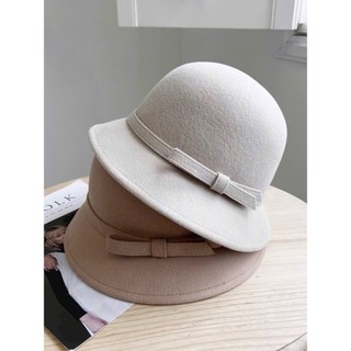 Mũ bucket dạ tiểu thư đai nơ vải cao cấp thu đông