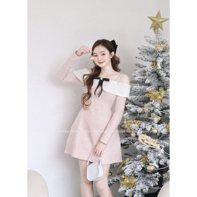 Đầm thiết kế WonderHouse Jisoo Dress trễ vai tay dài chất vải Tweed dạ dày dặn dự tiệc, dạo phố sang chảnh