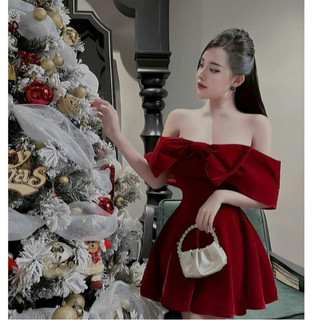 Đầm thời trang nữ dự tiệc sang trọng chất nhung trễ vai phối bèo ngực dáng váy xoè dài mini tôn dáng trẻ trung