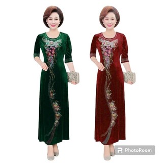 Đầm nhung dạ hội trung niên ép đá cao cấp size lớn, Đầm dạ hội nhung trung niên đi tiệc kết đá cao cấp bigsize 80kg