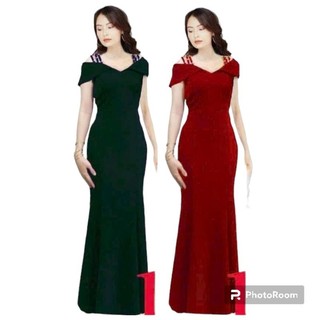 Đầm dạ hội nhung đuôi cá bệt vai trung niên đi tiệc size lớn 75kg, Đầm dạ hội đuôi cá trễ vai chất nhung cao cấp bigsize